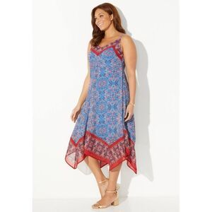 Catherines Plus Size 0X 14-16 Georgette Exhilaration Midi Dress Blue Red Paisley
